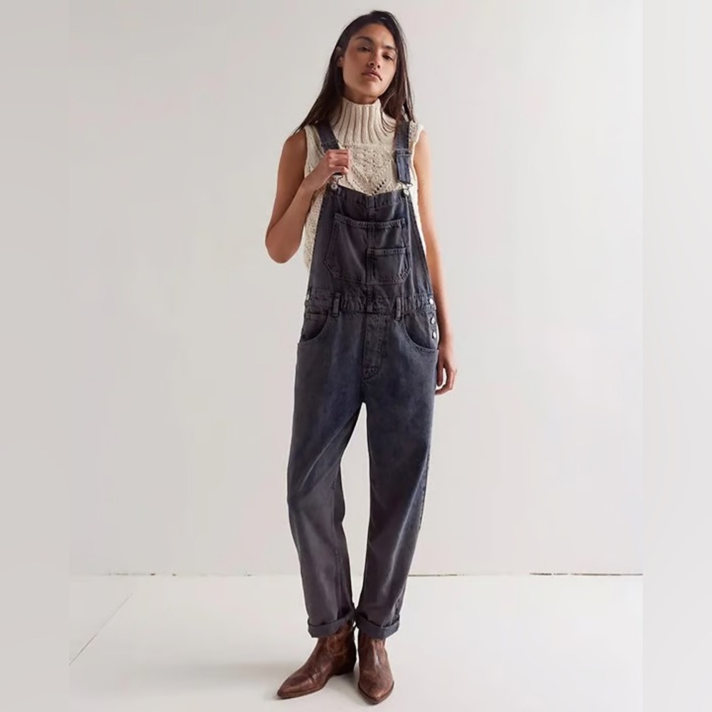Free People Black Denim Overalls Classic Style